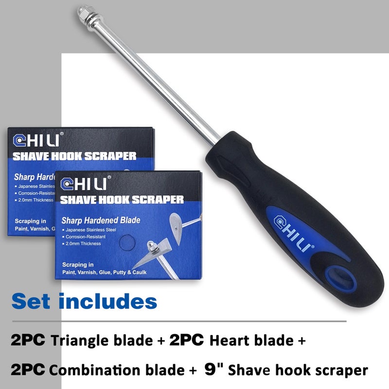 CHILI Hand Tools 3 IN 1 Stainless Steel Shave Hook Scraper Set, Wood Painting Remover, 9" Length with Replacement Blades (Triangle + Combination + Heart) for Home Improvement, Made In Taiwan - Image 3